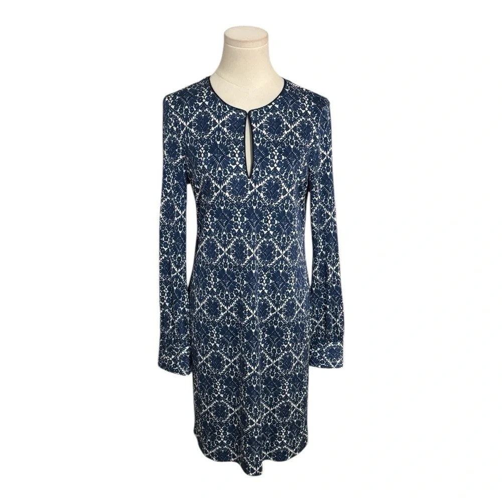 TORY BURCH Walker Long Sleeve‎ Fitted Mini Dress Navy Blue White Size M Keyhole